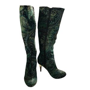 Diba Women’s Vintage Rare 90s Green & Black Velvet Paisley Print Boots Size 6